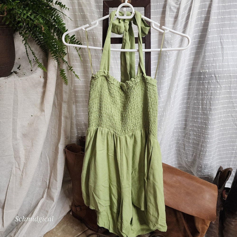 Altar'd State Avocado Green Smocked Halter Romper AE1910 Rayon Linen Small NWT